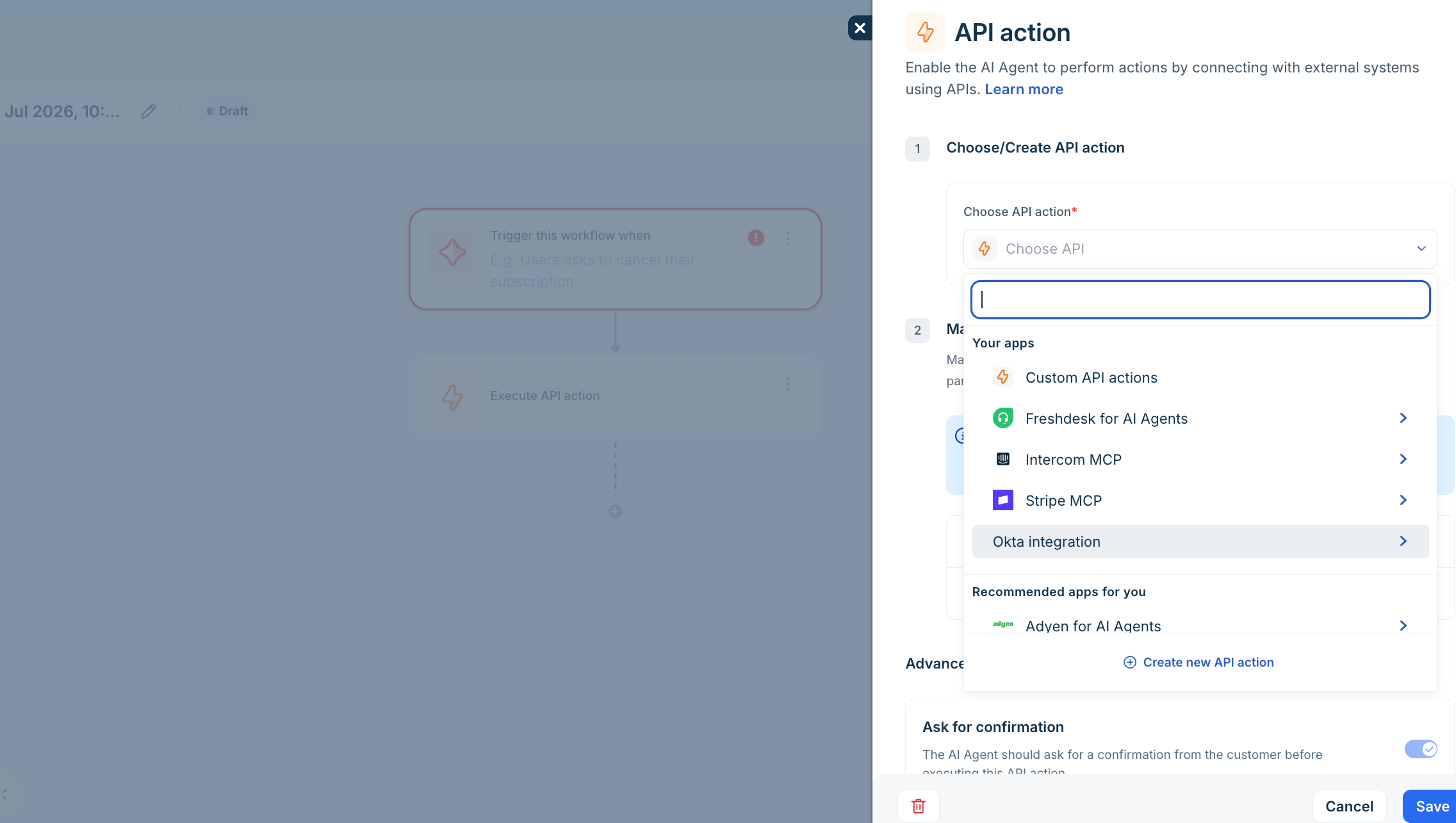 Choose a published app from Your apps in the API action dropdown