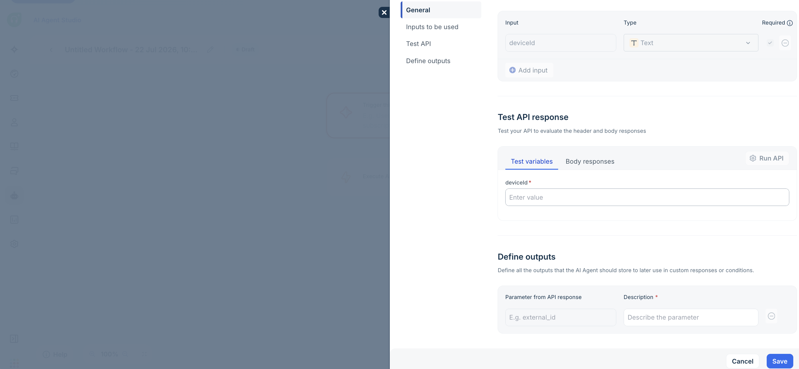 Configure inputs, test the API, and define outputs in AI Agent Studio