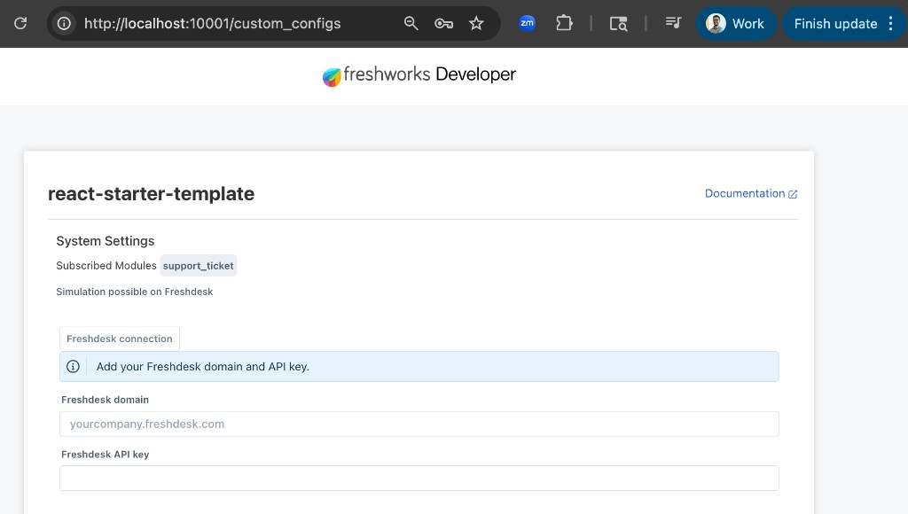 Installation parameters page at localhost:10001/custom_configs